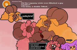 big_breasts breasts brown_fur curious_cat delcatty double_titfuck feline glans kiss_the_carrot lagomorph lopunny nipples original_character paizuri penis pink_hair pokemon pokemon_(species) rabbit shiny_lopunny shiny_pokemon text titjob yellow_fur yellow_hair