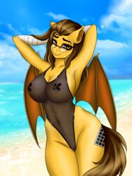 3:4 absurd_res anthro areola areola_slip ashimaroo bat_pony bat_wings beach big_breasts breasts clothed clothing equid equine eyewear fan_character female genitals glasses hands_behind_head hasbro hi_res hotkey_(oc) hybrid looking_at_viewer mammal membrane_(anatomy) membranous_wings my_little_pony navel nipple_tape nude one-piece_swimsuit outside pasties pussy sea seaside solo standing swimwear tape thick_thighs translucent translucent_clothing translucent_swimwear water wide_hips wings