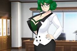 1girls angry annoyed big_breasts breast_squeeze breasts business_woman clothed clothed_female female female_focus female_only game_cg glasses green_hair hand_on_hip huge_breasts looking_at_viewer office office_lady pencil_skirt pov rinoga_(umichan) slender_waist spiralvortexplay ttrop umichan umichan_maiko_classroom_havoc_(umch) vortex00