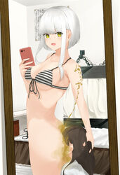 2girls bikini_top brown_hair fart fart_fetish farting_in_face mirror mirror_selfie multiple_girls original original_character short_hair smartphone striped_bikini tsuchiro white_hair yellow_eyes yuri