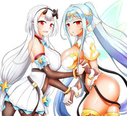 2girls ass blue_hair clothed epic7 hair_ornament horns huge_ass huge_breasts long_hair open_mouth pointy_ears red_eyes roana_(epic7) sideboob skimpy_clothes smiling symmetrical_docking thong white_hair wings yufine_(epic7)