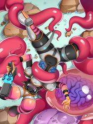 1girls 3_breasts alien alien_girl big_breasts black_skin blush blushing boots booty_calls brain_monster breasts clothed clothing elf_ears gun holding_gun legs_apart legs_held_open legs_restrained multi_breast orange_hands orange_skin pink_skin pointy_ears purple_eyes restrained restrained_by_tentacles restrained_legs spacesuit talis talis_(booty_calls) tentacle tentacle_hair tentacle_monster tentacle_rape thick_thighs two_tone_body two_tone_skin upside-down