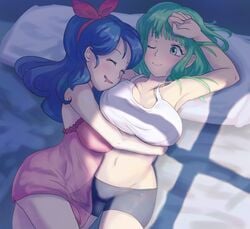 2girls absurd_res bulma_briefs dragon_ball dragon_ball_(classic) female female_only female_pervert good_launch in_bed large_breasts launch lesbian mignonette shounen_jump sleeping underwear yuri