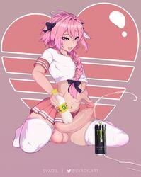 1boy astolfo_(fate) astolfo_monster_cosplay_(meme) balls big_balls big_penis cum_in_container erection fate/apocrypha fate_(series) femboy girly huge_cock hung_trap male male_only meme monster_energy penis solo svadil testicles thighhighs trap veiny_penis