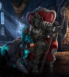 absurd_res animal_genitalia animal_penis anklet armor banner blue_body blue_fur blue_hair blue_nose bodily_fluids bondage bondage_gear breasts canid canine canine_penis canis castle chains chair collar daughter detailed_background dire_wolf eye_scar facial_scar father father_and_child father_and_daughter fellatio female freya_(zionsangel) fur furniture genitals hair hi_res incest jewelry kneeling knot ksilence leash light male male/female mammal markings marrok_(ranharasaki) moonlight oral parent parent_and_child pauldron penile penis saliva sash scar sex throne throne_room wolf yellow_eyes