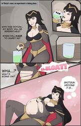 belly_button belly_expansion big_belly big_breasts black_hair black_nails bra cape claraspregs cleavage comic english_text female fire_emblem fire_emblem_awakening fully_clothed gray_eyes jewelry nintendo potion pregnant skimpy_clothes solo tharja_(fire_emblem) thick_thighs twintails