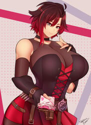 1girls big_breasts black_hair breasts chocolate choker cleavage clothed female female_only female_protagonist fingerless_gloves gloves grey_eyes huge_breasts nachocobana red_hair ruby_rose rwby short_hair two_tone_hair