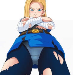 android_18 belt blonde_hair blue_eyes blue_panties dragon_ball dragon_ball_z fully_clothed jacket looking_at_viewer looking_down panties pantyhose raburebo shirt short_hair shounen_jump skirt torn_clothes underwear upskirt viewed_from_below white_background