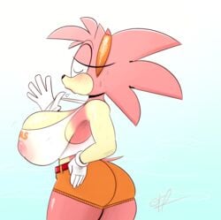 1girls amy_rose ass big_areola big_breasts big_nipples blush booty_shorts breasts bursting_breasts classic_amy_rose erect_nipples female female_only hooters hooters_uniform huge_breasts lips nipples_visible_through_clothing ota_(artist) pink_fur pink_hair see-through see-through_clothing sega short_shorts shorts solo sonic_(series) sonic_cd sonic_the_hedgehog_(series) summer sweat transparent_clothing