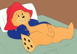 anthro balls barefoot bear bottomless clothing foreskin glans hat humanoid_penis looking_at_viewer lying_on_back lying_on_bed magzol male_only paddington_and_company_limited paddington_bear partially_retracted_foreskin penis pink_glans uncut ursid