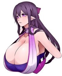 1female 1girls armpits bakunyuu barely_contained big_breasts breast breasts breasts_bigger_than_head breasts_bigger_than_torso breasts_out camui_kamui_(hz_666v) cleavage cute drawn elf elf_ears female female_focus female_only huge_breasts human light-skinned_female light_skin long_hair magenta_eyes mouth_open mouth_opened open_mouth opened_mouth original pointy_ears purple_eyes purple_hair purpler_eyes slight_blush solo white_background