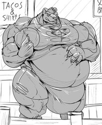 2018 absurd_res anthro belly big_belly big_bulge big_muscles body_hair bottomwear bulge chest_hair clothing english_text fierglief grin hand_on_stomach hi_res huge_bulge huge_muscles hyper hyper_belly hyper_bulge hyper_muscles looking_at_viewer male mammal monochrome musclegut muscular muscular_anthro muscular_male one_eye_closed pants shirt smile solo standing text topwear torn_clothing ursid veiny_muscle wink