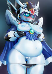 1girls android black_panties black_underwear blue_eyes blue_nipples blue_pussy blush breasts clitoris female forehead_jewel green_sclera gundam helmet humanoid hybrid jewelry mecha navel no_bra no_mouth no_nose pale-skinned_female pale_skin panties panties_down pochincoff pregnant purple_hair pussy robot robot_girl sd_gundam sd_gundam_gaiden topless uncensored underwear valkyrie_gundam_hazel white_breasts white_skin