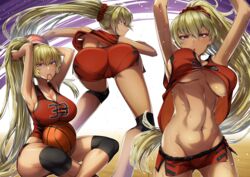 1girls abs absurdres alternate_costume alternate_hairstyle ass ball basketball basketball_uniform big_ass big_breasts blonde_hair breasts cluseller commission dark_skin female female_only fire_emblem fire_emblem:_the_binding_blade grin gym_uniform highres huge_filesize igrene_(fire_emblem) large_breasts long_hair looking_at_viewer nintendo pantylines partially_visible_vulva ponytail shorts sideboob skimpy skimpy_clothes sportswear underboob yellow_eyes