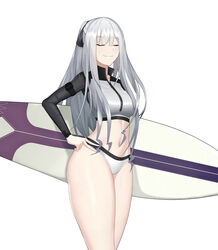 1girls ak-12_(girls'_frontline) bare_legs bare_thighs bikini bikini_bottom cero_(last2stage) closed_eyes covered_breasts female female_only girls'_frontline hand_on_hip long_hair medium_breasts narrow_shoulders navel petite silver_hair smug solo standing surfboard swimwear thick_thighs thighs thin_arms topwear waist white_bikini wide_hips