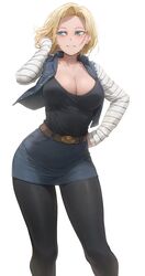 1girls android_18 belt big_breasts blonde_hair blue_eyes blush blushing breasts cleavage clothed clothes clothing dragon_ball dragon_ball_z earrings female female_only hips huge_breasts humanoid large_breasts legwear shirt short_hair skirt smile smiling solo thick thick_thighs thighs wide_hips yohan1754