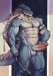 anthro asian_mythology blue_body blue_eyes blue_skin disiwjd dragon east_asian_mythology eastern_dragon genitals hi_res humanoid_genitalia humanoid_penis looking_at_viewer male male_only melee_weapon muscular muscular_male mythology nude penis solo sword weapon