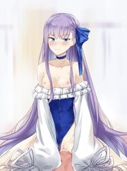 1boy bangs bare_shoulders blue_eyes blue_ribbon blush breasts choker clothed_female_nude_male clothed_sex coffeekite collarbone cowgirl_position cowgirl_position cum cum_in_pussy fate/grand_order fate_(series) female frills hair_ribbon highleg highleg_swimsuit highres long_hair long_sleeves looking_at_viewer meltryllis_(fate) meltryllis_(swimsuit_lancer)_(fate) nipples nude off-shoulder_swimsuit off_shoulder one-piece_swimsuit puffy_sleeves purple_hair pussy ribbon sex sleeves_past_fingers sleeves_past_wrists small_breasts straddling straight swimsuit swimsuit_aside thighs vaginal_penetration very_long_hair white_ribbon