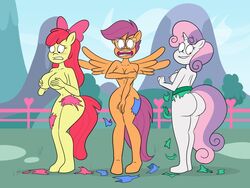 2021 3girls 4_fingers aged_up anthro anthrofied apple_bloom_(mlp) big_ass big_breasts black_eyes crime_fighting_crusaders cute cutie_mark_crusaders cutie_mark_crusaders_(mlp) embarrassed embarrassed_nude_female enf equine equine_humanoid featureless_feet female glasses hair_on_head my_little_pony naked nude nude_female ripped_clothing scobionicle99 scootaloo_(mlp) sweetie_belle_(mlp) tagme wardrobe_malfunction yellow_skin