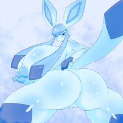 1:1 anthro ass big_breasts big_butt blue_and_white blush breasts eeveelution female genitals glaceon hi_res huge_breasts huge_butt hyper hyper_breasts looking_back nintendo nude omenyanozero pokémon_(species) pokemon pokemon_(species) pussy solo video_games