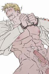 2boys anal anal_sex armband attack_on_titan bare_chest blonde_hair blonde_pubes blonde_pubic_hair crying cum cum_on_body cum_on_lower_body cum_on_self drool drooling gay handcuffs jacket male male/male male_only male_penetrated male_penetrating muscular muscular_male penis penis_out pubes pubic_hair reiner_braun semen shingeki_no_kyojin tears unknown_male yaoi