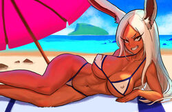 1girls anihenart animal_ears arm_support bare_shoulders beach big_breasts bikini breasts bunny_ears clenched_teeth curvaceous dark-skinned_female dark_skin erect_nipples female female_only grin large_breasts looking_at_viewer lying midriff miruko my_hero_academia nipples ocean on_side outdoors red_eyes rumi_usagiyama sand skimpy smile solo swimsuit towel umbrella underboob water white_fur white_hair wide_hips