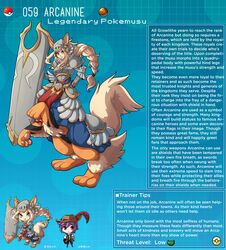 arcanine armor canine character_profile character_sheet chart creature_index english_text highres kinkymation nintendo page_59 page_number pokemon pokemon-girl_encyclopedia pokemon_(species) pokemon_rgby pokemorph pokemusu profile quadruped safe text text_box