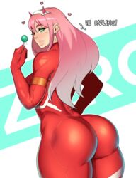 1girls ass big_ass bodysuit breasts darling_in_the_franxx english_text female female_only foxicube green_eyes huge_ass large_breasts long_hair looking_back pink_hair png red_bodysuit text thick_thighs tight_clothing zero_two_(darling_in_the_franxx)