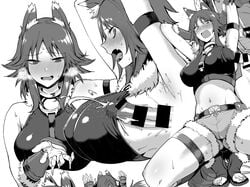 1boy :d @_@ amano_don animal_ears armpits arms_behind_head ass_visible_through_thighs bare_shoulders blush breasts cum ejaculation female flying_sweatdrops greyscale long_hair makoto_(princess_connect!) midriff monochrome navel oerba_yun_fang open_mouth open_toe_shoes penis princess_connect! princess_connect!_re:dive shorts simple_background sleeves_past_wrists smile straight sweat tongue white_background wolf_ears