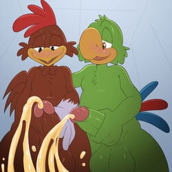 2boys anthro avian balls bird bodily_fluids chicken disney duo galliform gallus_(genus) genital_fluids genitals jerseydevil jose_carioca male male_only nude panchito_pistoles parrot peeing penis phasianid the_three_caballeros urine watersports what