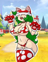 1girls bowser's_fury breasts cat_ears catgirl cleavage dodo-bot female female_only gloves green_hair human humanized large_breasts long_hair mario_(series) pale_skin piranha_plant piranha_plant_girl solo standing super_mario_3d_world thick_thighs thighhighs wide_hips