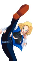 1girls android_18 big_breasts blonde_hair blue_eyes blue_panties breasts dragon_ball dragon_ball_z female female_only jacket open_mouth panties pantyshot raburebo shirt shoes short_hair skirt solo spread_legs torn_clothes upskirt