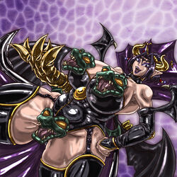 1girls areola areolae bat_wings big_breasts black_eyes black_hair breasts crown demon demon_girl demoness digimon digimon_(species) digimon_xros_wars dominatrix earrings eyeshadow fangs female female_only garter_belt garter_straps gattai_lilithmon hair_ornament horns huge_breasts leotard lilithmon lipstick looking_at_viewer pointy_ears purple_lipstick seven_great_demon_lords smiling_at_viewer solo succubus tao_2carat voluptuous wings