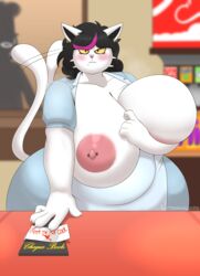 2021 absurd_res anthro anthro_focus apron areola arrow_through_heart belly big_breasts black_hair blurred_background blush breasts catti_(deltarune) chubby_cheeks claws clothed clothing curvy_figure deltarune detailed_background diner domestic_cat dress ear_piercing ear_ring english_text exposed_breasts eyeliner felid feline felis female female_focus frown fur furniture furry hair heart hi_res highlights_(coloring) holding_breast huge_breasts huge_hips huge_thighs inside looking_at_viewer makeup mammal nipple_piercing nipples note overweight overweight_anthro overweight_female partially_clothed piercing pink_highlights presenting presenting_breasts public public_exposure short_hair signature solo_focus table tailwag text thick_thighs tight_clothing tight_dress video_games voluptuous waiter waitress_outfit whiskers white_body white_fur wide_hips witdrawsloods yellow_sclera