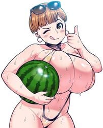 1girls bbw big_breasts bowl_cut breasts brown_eyes brown_hair cleavage curvy earrings elf-san_wa_yaserarenai female huge_breasts human ino_akiho mature mature_woman official_art pale-skinned_female pale_skin pixie_cut short_hair slightly_chubby sling_bikini sweat sweatdrop synecdoche thick_thighs thong thumbs_up tongue_out venus_body very_short_hair voluptuous watermelon wide_hips wink