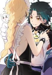 2boys aether_(genshin_impact) amber_eyes apron blonde_hair crossdressing femboy genshin_impact green_hair hair_ornament hei_11999_(twitter) long_hair maid male sitting_on_person source_request xiao_(genshin_impact) yaoi