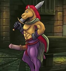 1boy animal_genitalia animal_penis arkanumzilong_(artist) cape clothing equid equine equine_penis erection genitals horse legwear male male_only mammal melee_weapon penis sir_stallion solo spandex stallion_(character) stallion_(words_worth) sword tight_clothing tights weapon words_worth