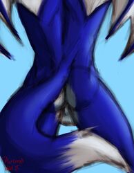 absurd_res anthro ass balls blue_body blue_fur butt_focus canid canine dragon fox fur genitals hermesdidit hi_res hybrid male mammal muscular muscular_anthro muscular_male rear_view simple_background sketch solo wings