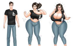 1girls age_progression black_shirt breast_expansion breasts brown_hair crossgender female gender_transformation genderswap huge_breasts jeans looking_at_viewer mtf_transformation pants rule_63 saturnxart sequence simple_background tagme tight_jeans tight_pants transformation