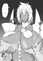 ... 1boy 1girls artist_request bangs big_breasts bleach breasts cleavage clothing collarbone facial_markings female female_focus huge_breasts impossible_clothes long_hair male male_pov monochrome pov revealing_clothes shoulder_pads speech_bubble steaming_body sweat sweatdrop thick_eyelashes tia_harribel upper_body