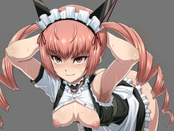 1girls akiha_rumiho angry_face arms_above_head arms_behind_head arms_up blush cat_ears faris_nyannyan female_focus female_only long_hair looking_at_viewer maid maid_headdress maid_uniform no_bra pink_hair small_breasts standing steins;gate sweat sweatdrop sweaty twintails