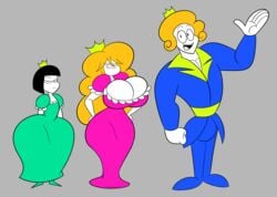 1boy 2021 2girls big_ass big_breasts big_bulge big_hips black_hair blonde_hair blue_suit full_body green_dress oboithisisfunky orange_hair original_character pink_dress prince_vladimir_richard princess_applebottom princess_backache princess_libiris_ubera small_breasts smug thick_thighs vampire white_skin