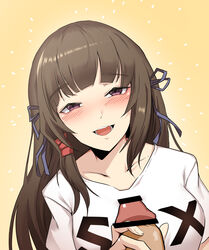 1boy bangs bar_censor blush brown_hair censored eyebrows_visible_through_hair female hair_ornament handjob highres last_origin long_hair looking_at_viewer penis scissors_lise shirt smile teeth tofutofu tongue white_shirt