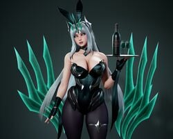 3d battle_bunny_irelia big_breasts breasts bunny_ears bunny_girl bunnysuit choker cleavage female female_only green_eyes highres irelia_xan league_of_legends long_hair mind_control pantyhose ruined_king_symbol ryanreos thick_thighs thighs white_hair