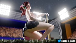 1girls 3d ass baseball baseball_bat baseball_stadium bleden blizzard_entertainment breasts brown_eyes brown_hair clothing d.va gloves going_commando headphones kneeling leg_up looking_at_viewer looking_back looking_down no_panties overwatch partially_clothed ponytail pussy short_hair skirt solo sports_bra thick_thighs wallpaper white_skin