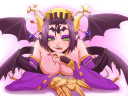 1girls alternate_eye_color areola areolae artist_request bat_wings big_breasts black_hair breasts cleavage crown digimon digimon_(species) digimon_xros_wars eyeshadow female female_only green_eyes hair_ornament large_breasts licking_lips lilithmon lipstick looking_at_viewer on_stomach seven_great_demon_lords smile solo succubus tongue tongue_out wings