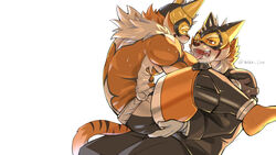 2boys after_kiss alternate_costume animal_ears ass back bara beige_fur black_suit blush bodysuit bulge facial_hair formal furry goatee highres implied_anal implied_sex large_pectorals live-a-hero male_focus mask multiple_boys muscular muscular_male orange_bodysuit orange_fur relax_lion ryekie_(live_a_hero) saliva saliva_trail selfcest spikes spread_legs tail thighs through_clothes tiger_boy tiger_ears tiger_tail tongue tongue_out two-tone_fur yaoi