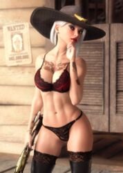 1girls 3d abs ashe_(overwatch) black_lingerie black_thong blizzard_entertainment bra breasts cleavage cowboy_hat eyeshadow female hat lace_panties large_breasts lingerie lipstick looking_at_viewer overwatch panties red_lingerie solo stockings tattoo tattoo_on_chest therealzoh thighhighs thong toned white_hair