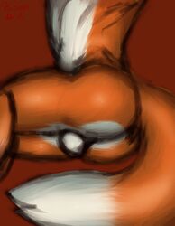 absurd_res anthro ass balls butt_focus canid canine fox fox_tail genitals hermesdidit hi_res lying male mammal muscular muscular_anthro muscular_male rear_view simple_background sketch solo