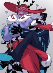 boobs boobs_exposed boobs_out echi_echi_tk fat_tits hazbin_hotel male/female squeezing_breasts titties valentino_(hazbin_hotel) vox_(hazbin_hotel)